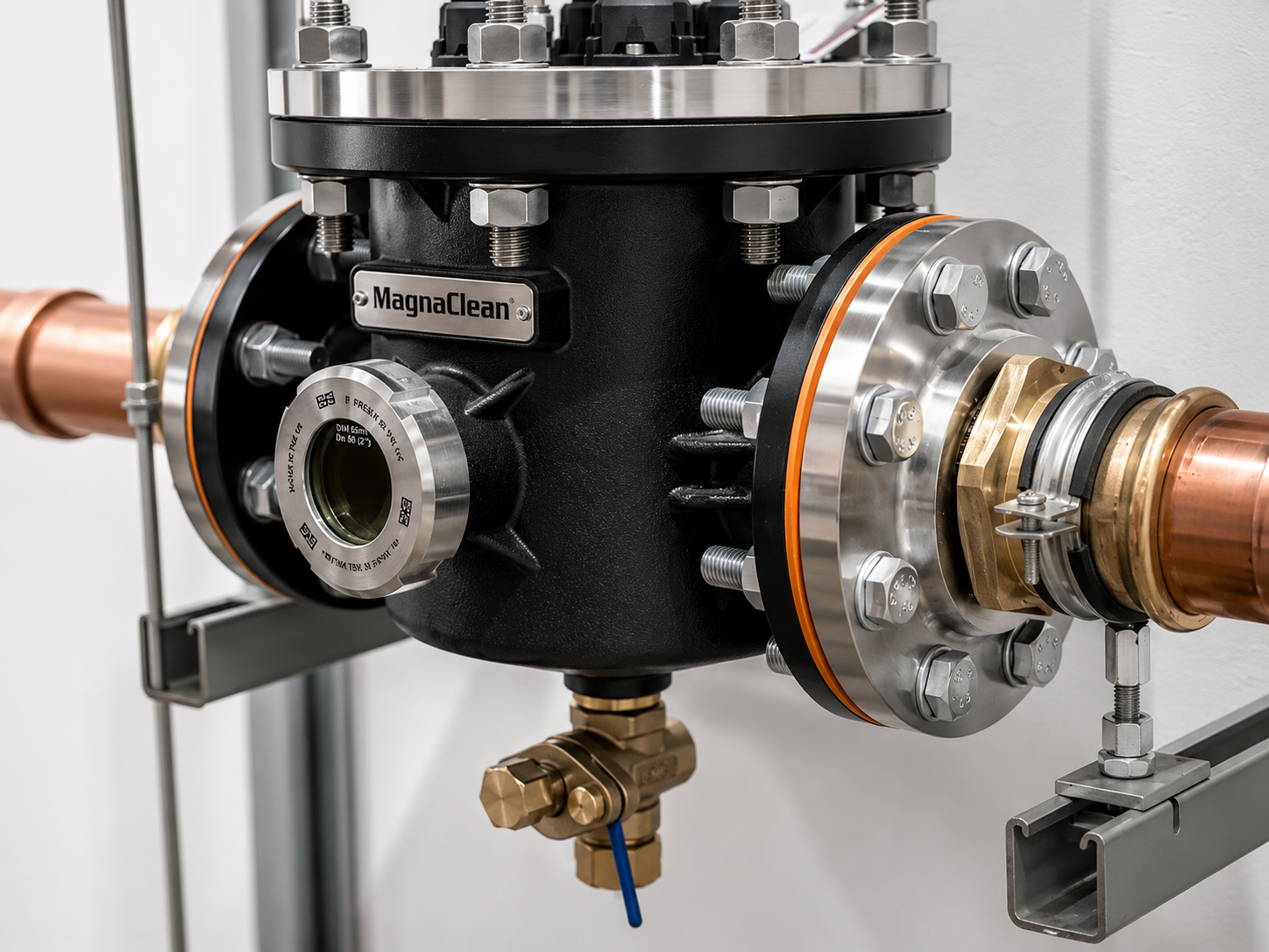 MagnaClean magnetic filter installed on a flanged copper primary pipe
