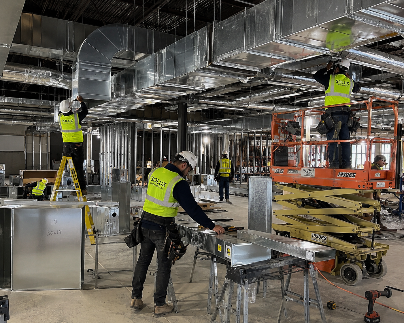 Solux engineers assembling ventilation ductwork