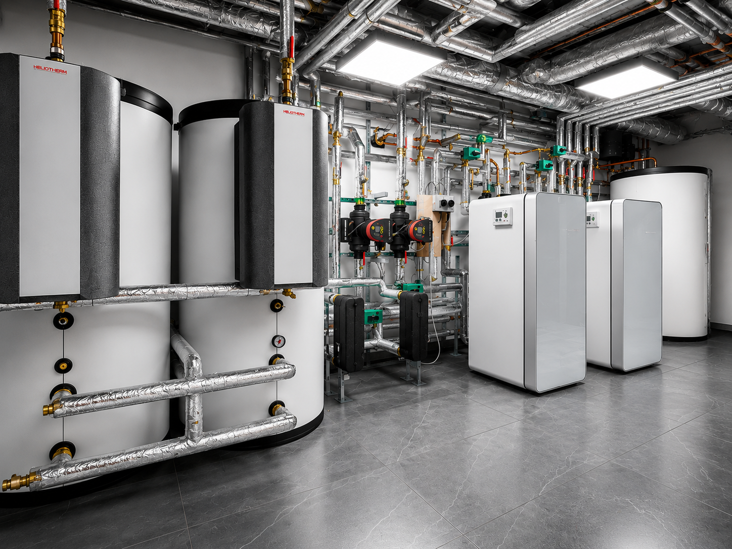 Multi-unit ground source heat pump plant room with thermal stores and coordinated pipework.