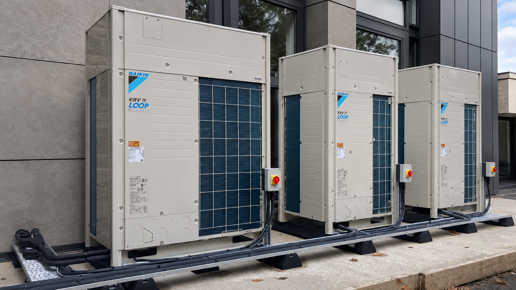 VRV outdoor unit arrangement beside a contemporary property.