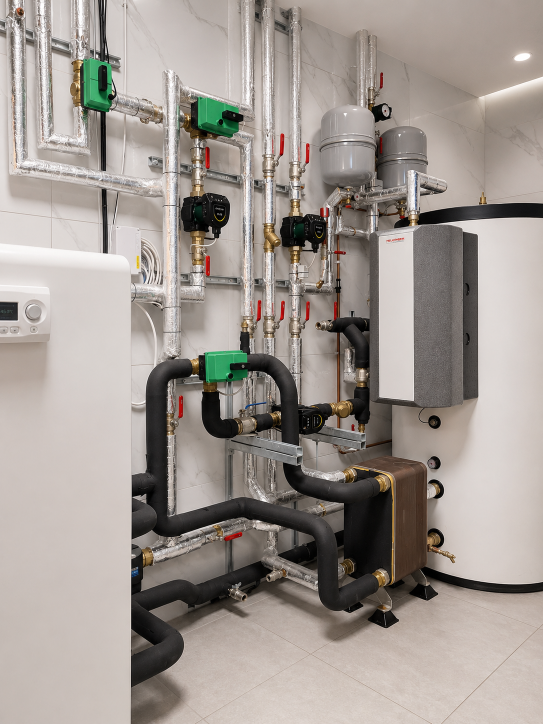 Ground source heat pump hydraulic module with plate heat exchanger, pumps and thermal storage.