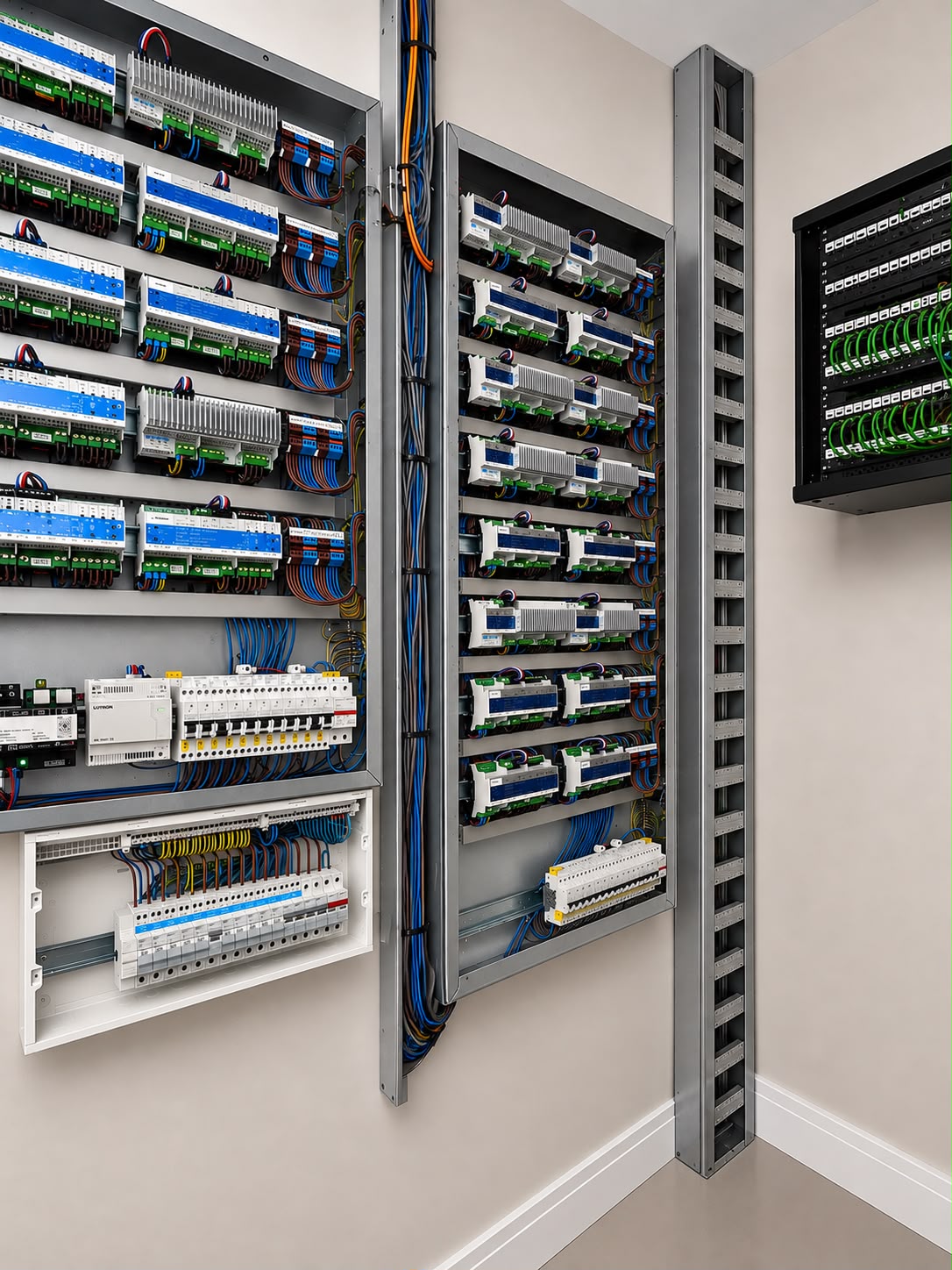Lighting and heating control cabinets with structured cable management