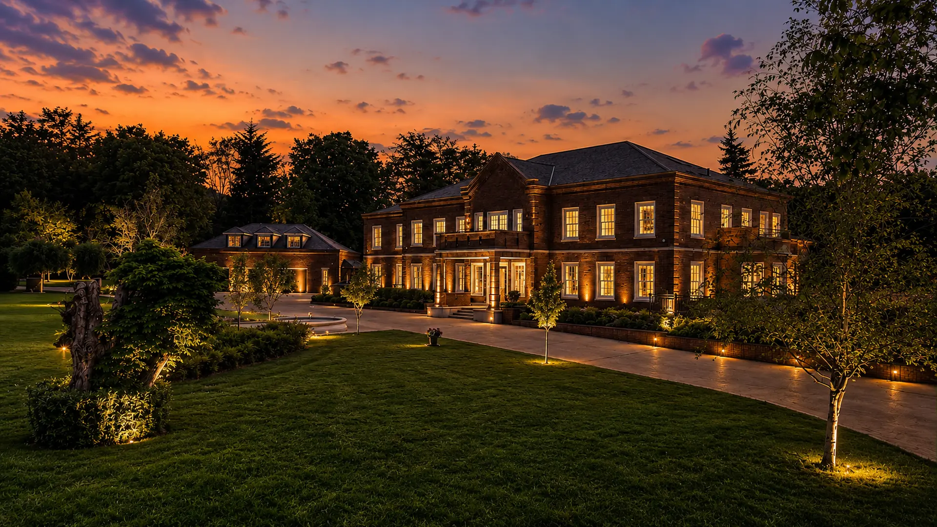 Luxury brick mansion at dusk with warm architectural lighting and manicured grounds