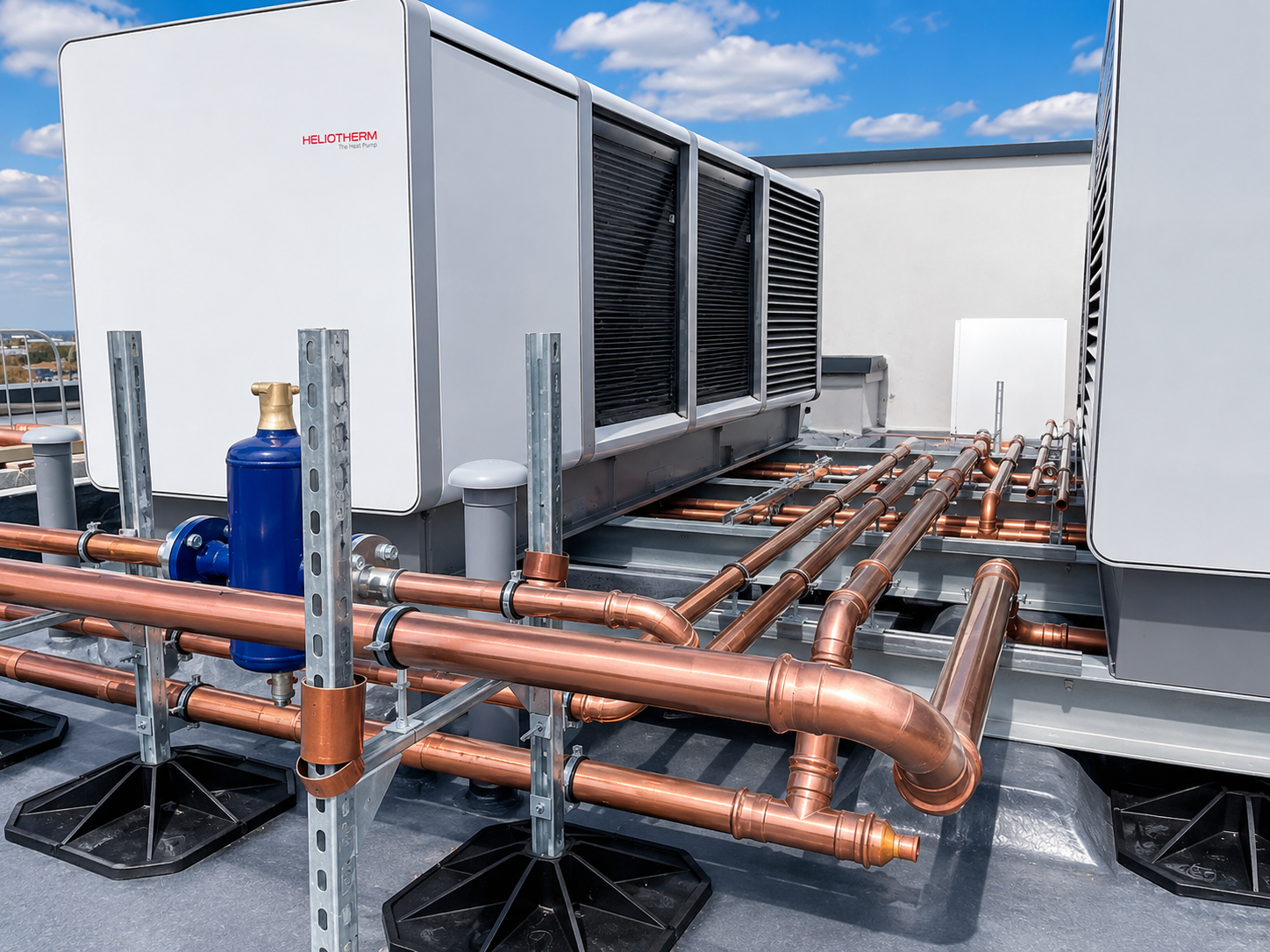 Rooftop heat pump plant with precision copper distribution pipework.