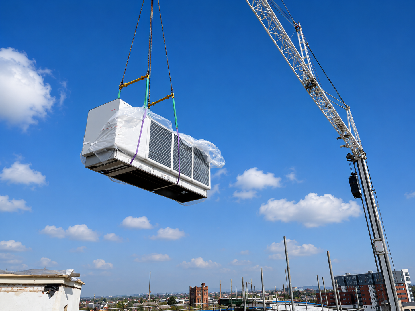 Craned lift of a large air source heat pump unit.