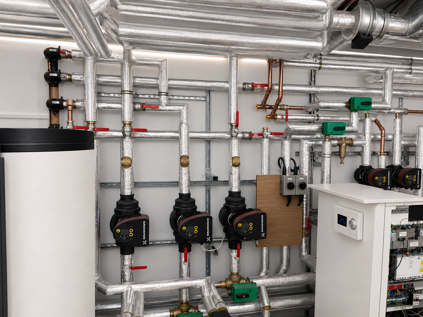 Insulated plant room pipework with Grundfos pumps and red-handled valves