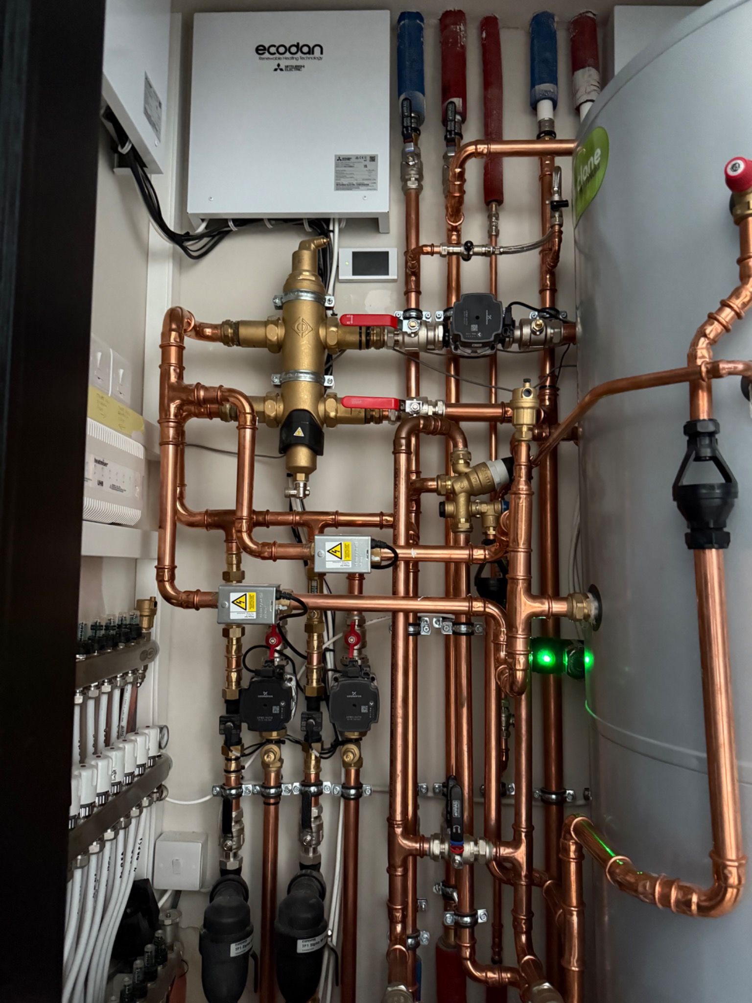 Copper pipework with Grundfos pumps, Ecodan controller and underfloor heating manifold