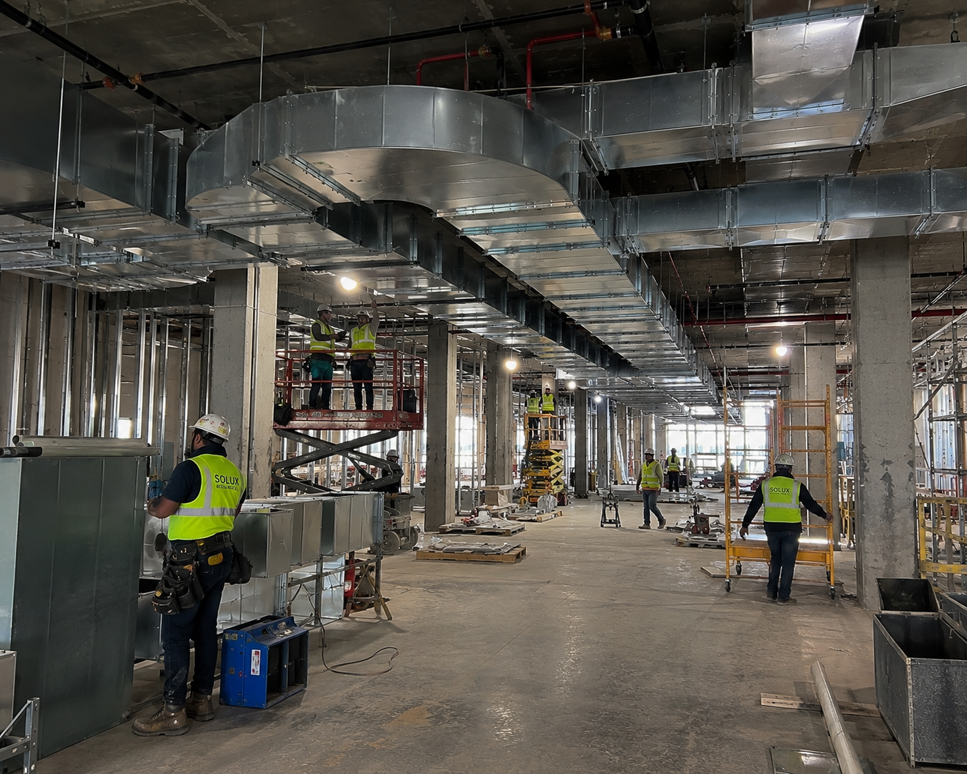 Rectangular ventilation ductwork across multiple zones