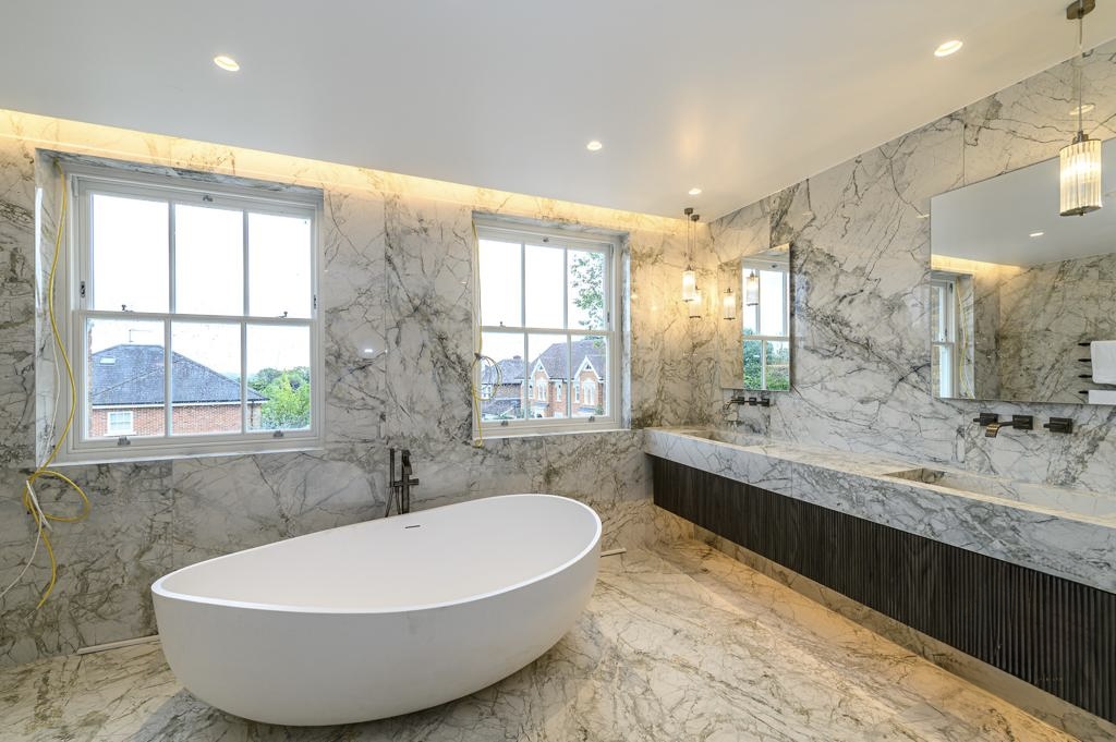 Principal bathroom with twin vanity and freestanding bath