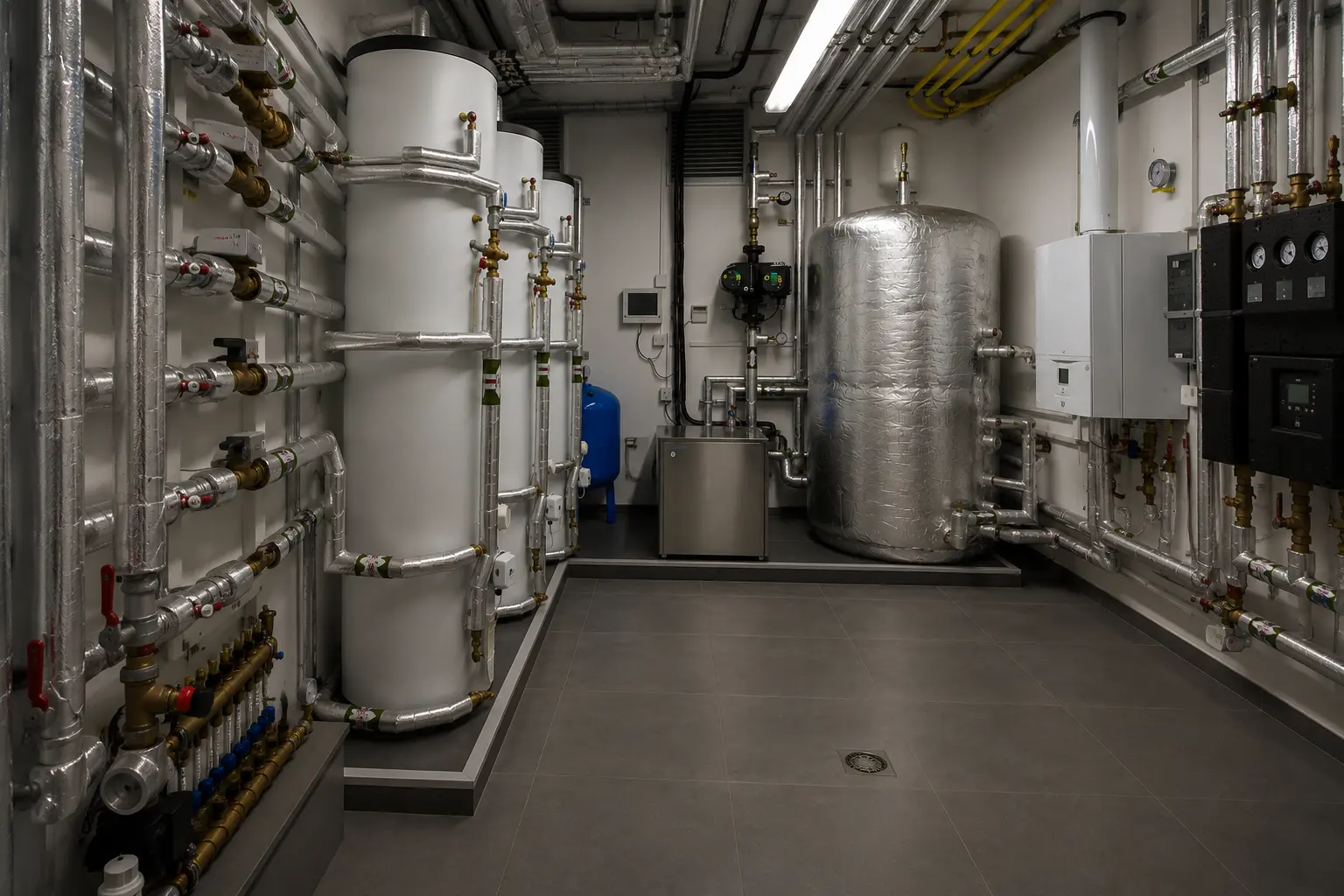 Central heat pump plant room arrangement with buffer vessels and insulated headers.