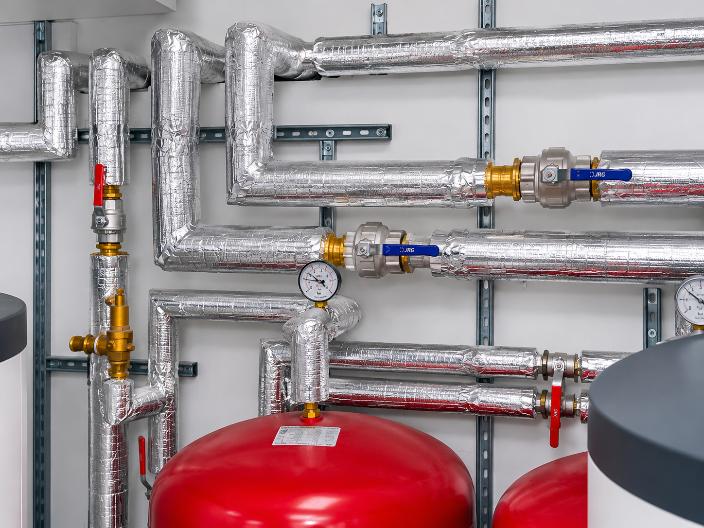 Insulated plant room pipework with gauges, valves and red expansion vessels