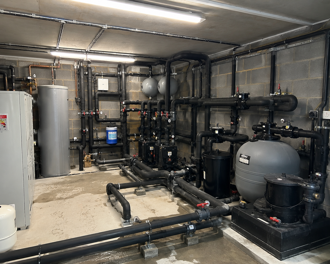 Solux swimming pool plant room installation — filtration vessels, circulation pumps and expansion vessels
