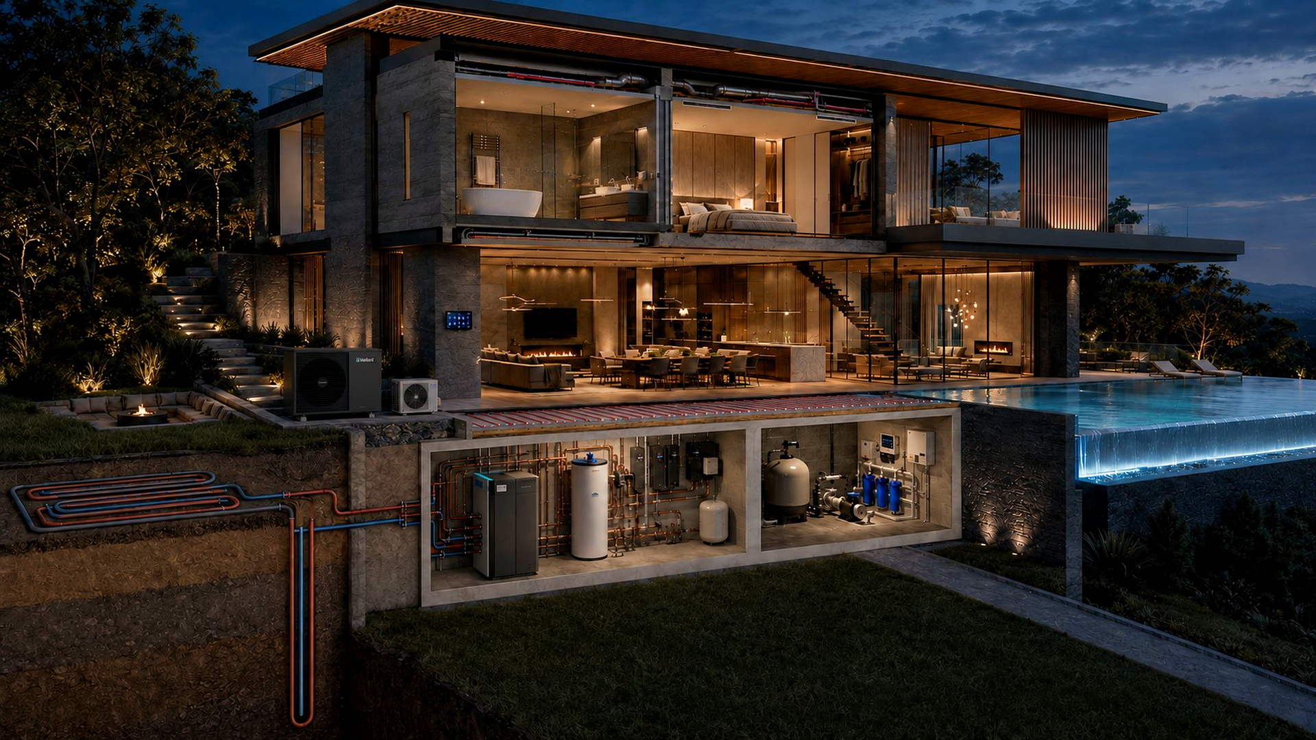 Luxury house with pool showing where mechanical systems are installed